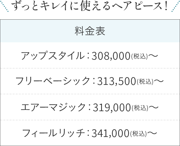 ずっとキレイに使えるヘアピース！ 料金表 アップスタイル：308,000(税込)～ フリーベーシック：313,500(税込)～ エアーマジック：319,000(税込)～ フィールリッチ：341,000(税込)～